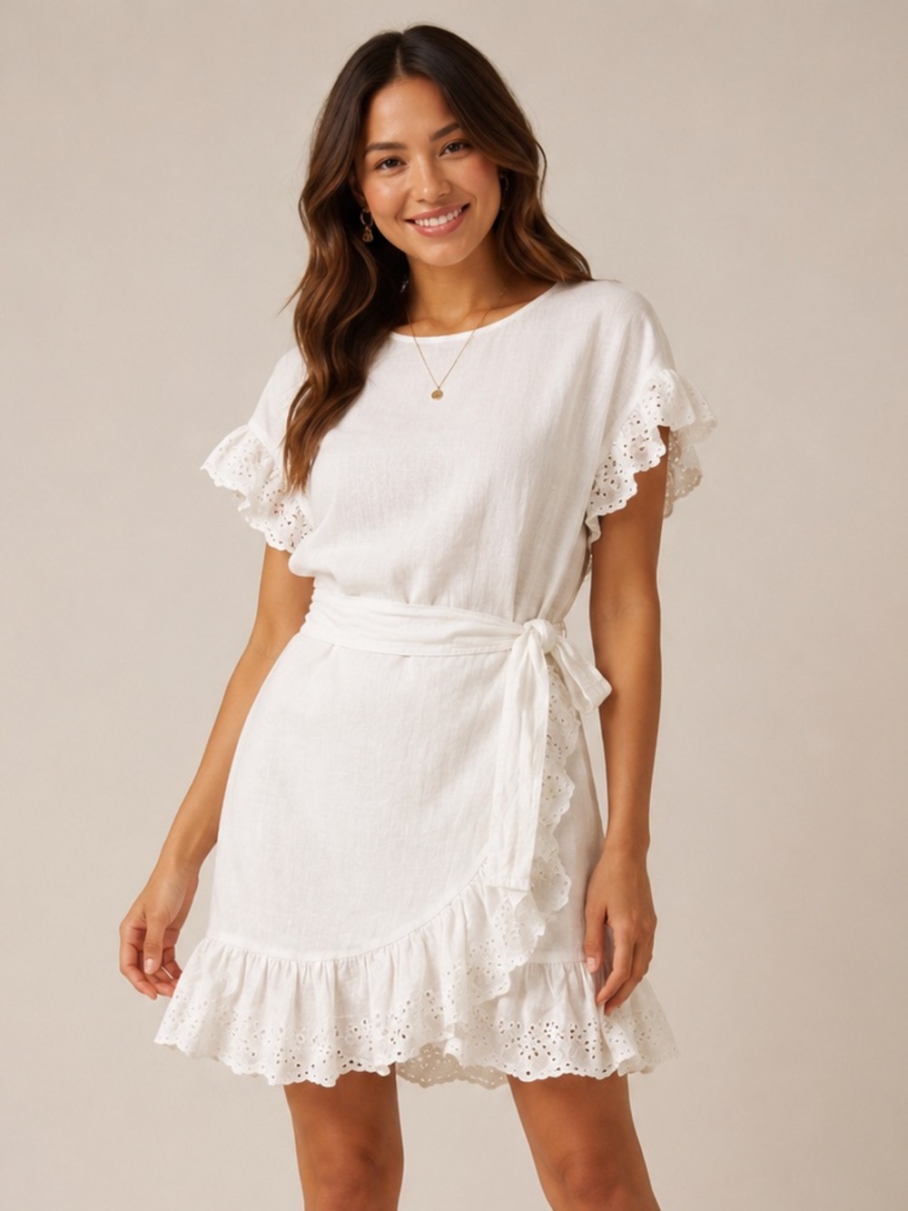 Aritzia Wilfred La Boheme White Linen Wrap Dress Eyelet Ruffle Size Small